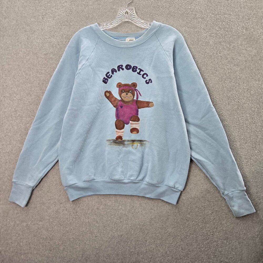 VINTAGE Bearobics‎ Women Sweatshirt Large Blue Fleece Bear Graphic 90s USA